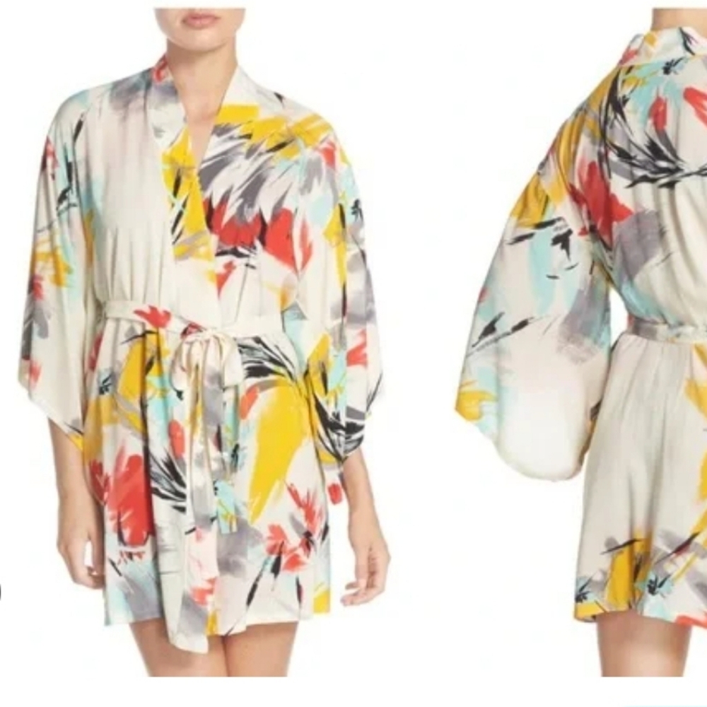 Josie Natori Brush Print Happi Coat Robe. - Picture 8 of 16